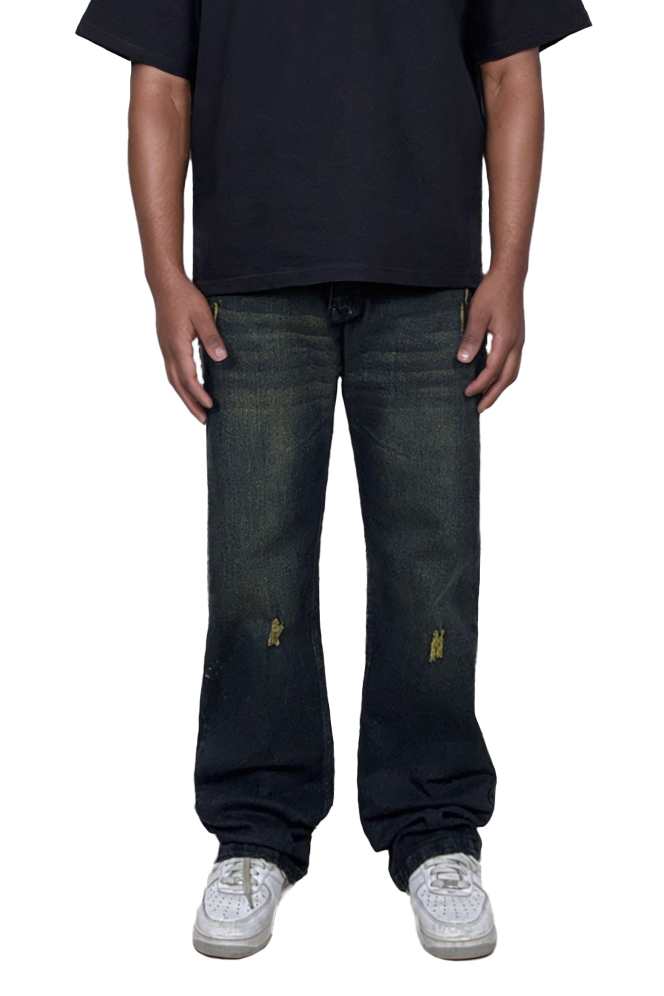 SAVANA MUSTARD BLACK SCRUBBED DENIMS