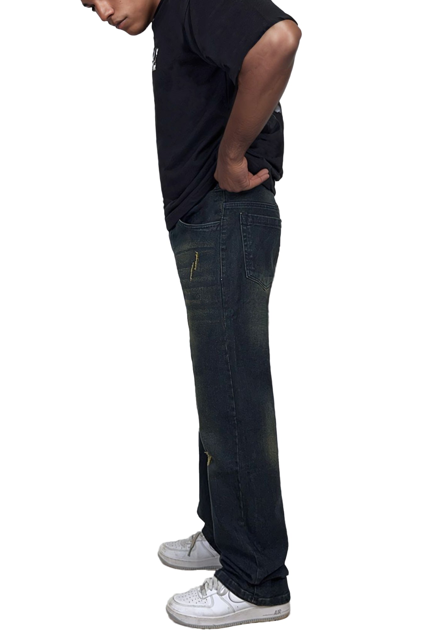 SAVANA MUSTARD BLACK SCRUBBED DENIMS