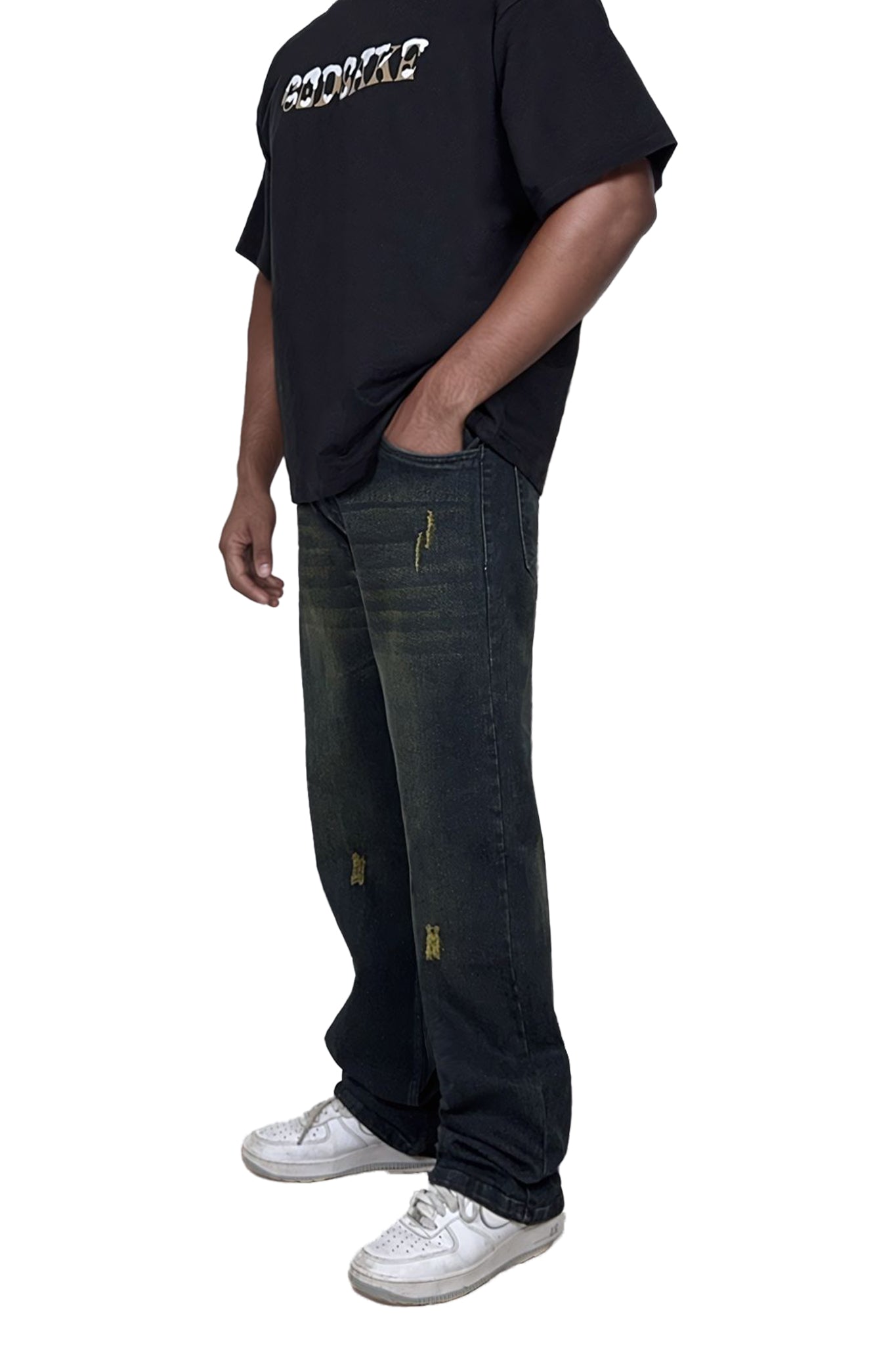 SAVANA MUSTARD BLACK SCRUBBED DENIMS